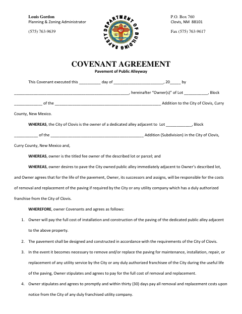 First page of the Covenant Agreement for Pavement of Public Alleyway