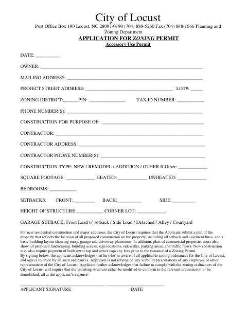 First page of the Accessory Use Zoning Permit Application