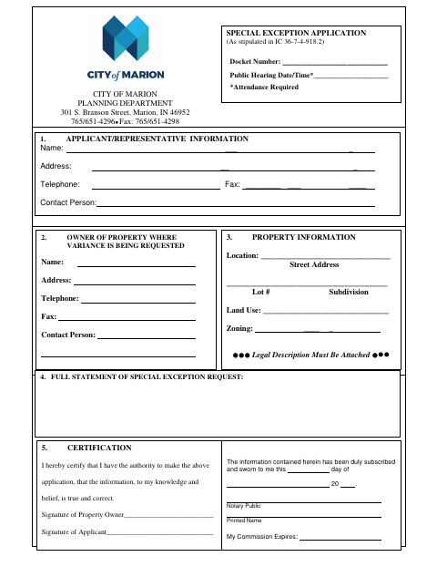 First page of the Special Exception Application
