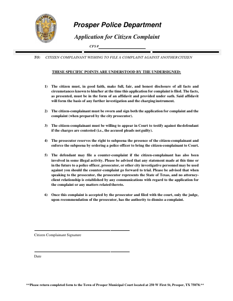 First page of the Application for Citizen Complaint