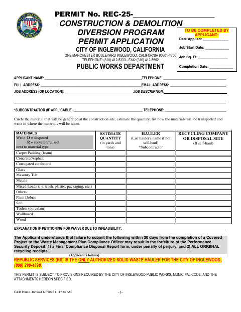 First page of the Construction & Demolition Diversion Program Permit Application