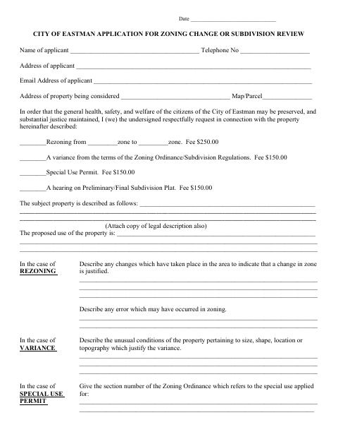 First page of the Application for Zoning Change or Subdivision Review