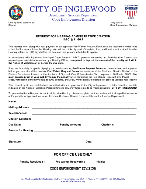 First page of the Request for Hearing – Administrative Citation