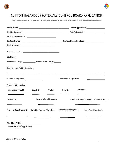 First page of the Hazardous Materials Control Board Application