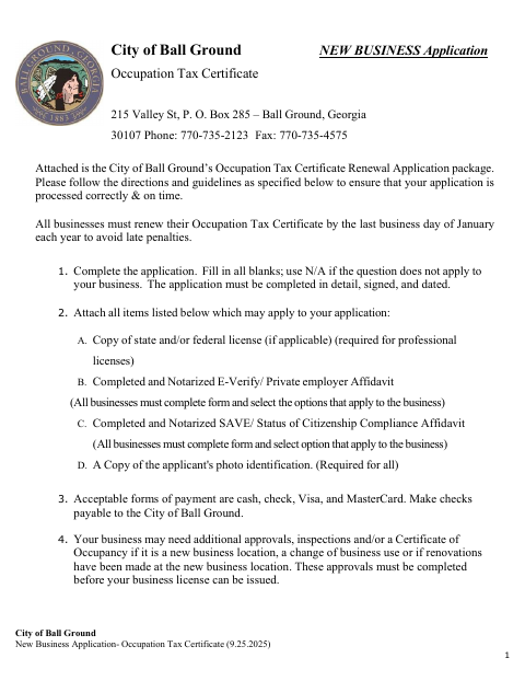 First page of the New Business Occupation Tax Certificate Application