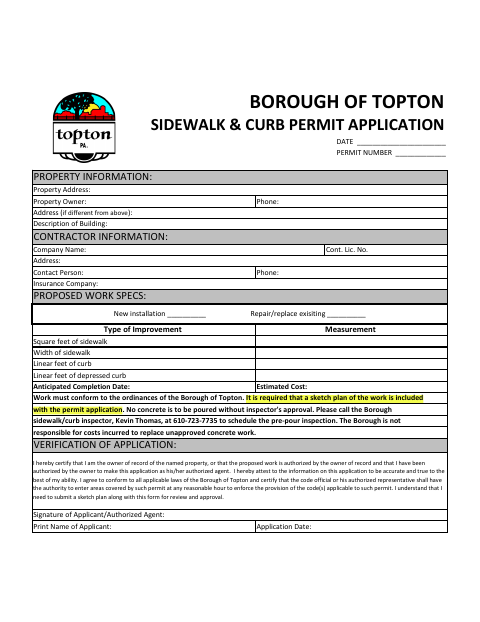 First page of the Sidewalk & Curb Permit Application