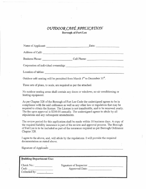 First page of the Outdoor Cafe License Application