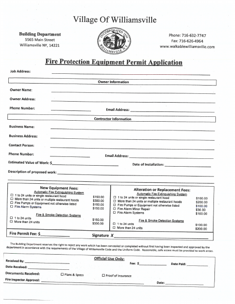 First page of the Fire Protection Equipment Permit Application