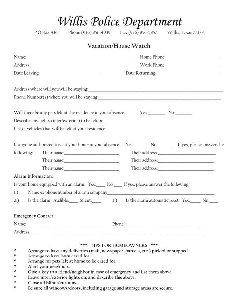 First page of the Vacation/House Watch Form