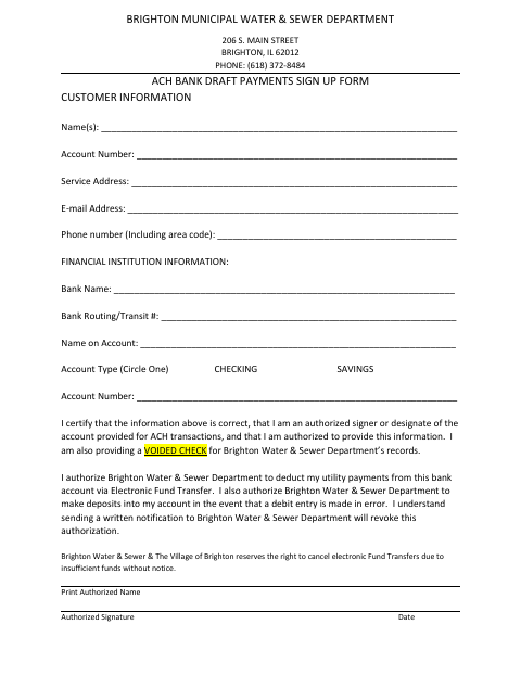First page of the Water and Sewer ACH Bank Draft Sign-Up Form