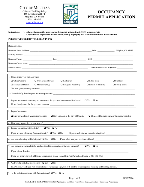 First page of the Occupancy Permit Application