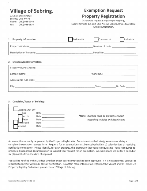 First page of the Exempt Property Registration Request