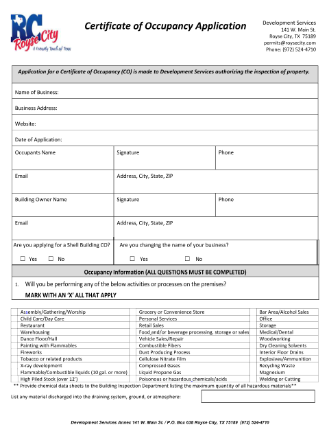 First page of the Certificate of Occupancy Permit Application