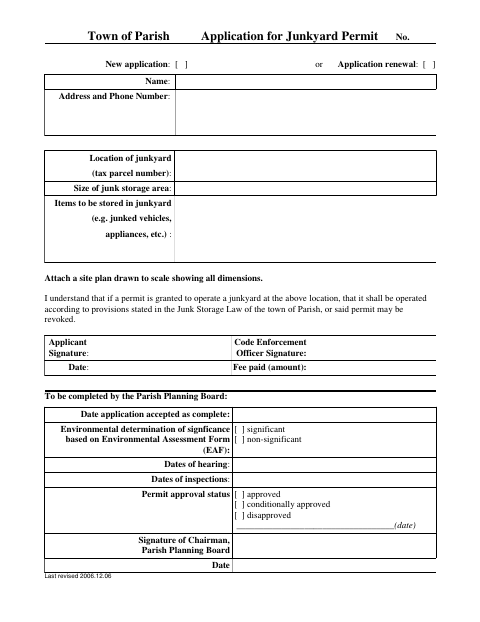 First page of the Application for Junkyard Permit