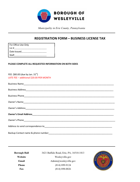 First page of the Business License Tax Registration Form