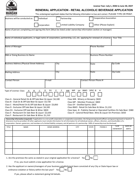 First page of the Retail Alcoholic Beverage License Renewal Application