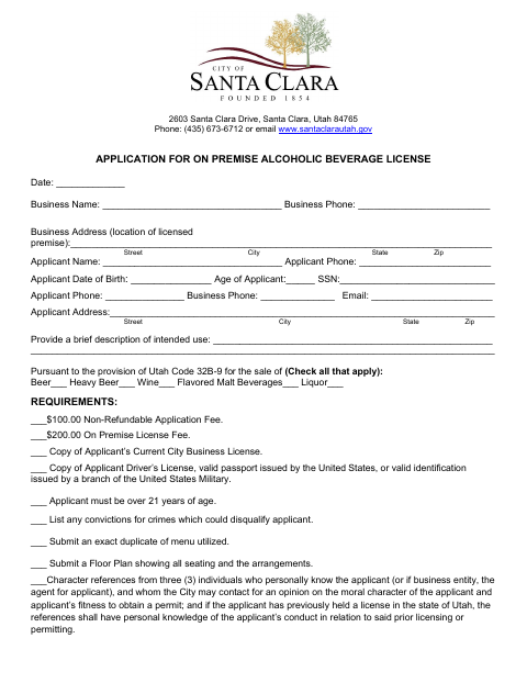 First page of the On-Premise Alcoholic Beverage License Application