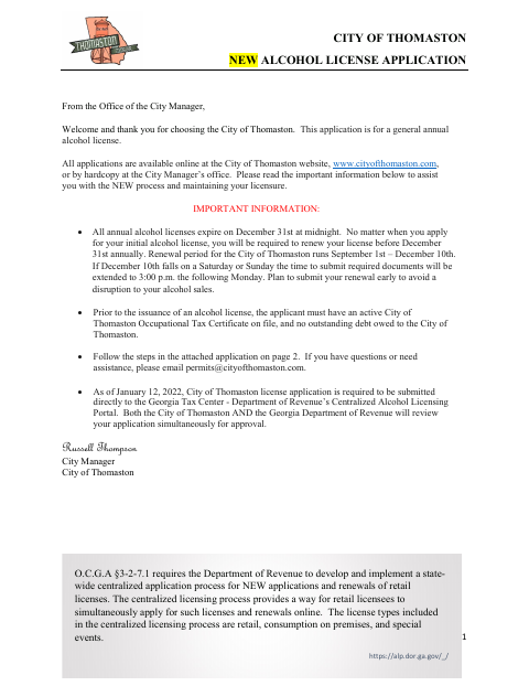 First page of the New Alcohol License Application