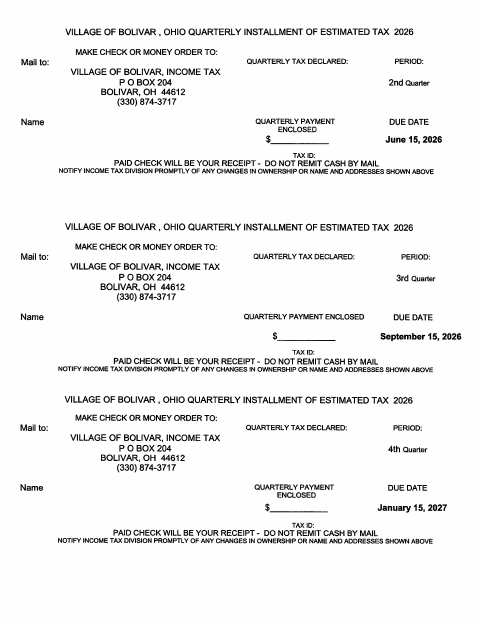 First page of the 2026 Quarterly Estimated Tax Installment Vouchers