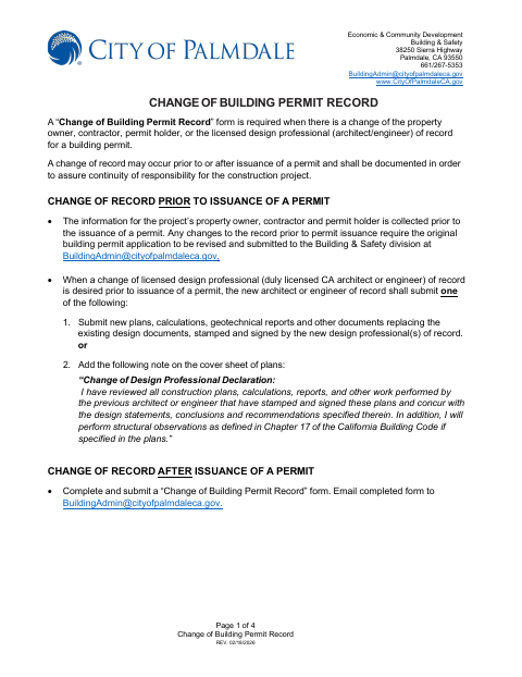 First page of the Change of Building Permit Record