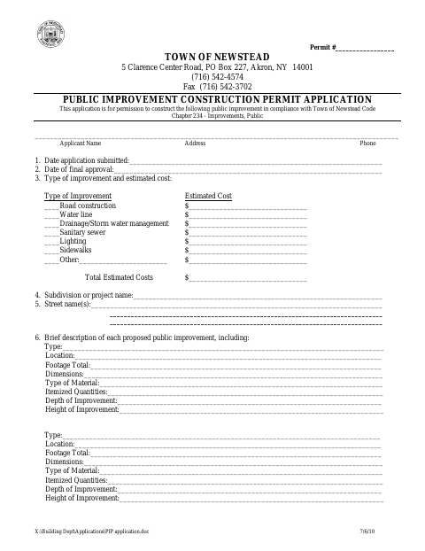 First page of the Public Improvement Construction Permit Application