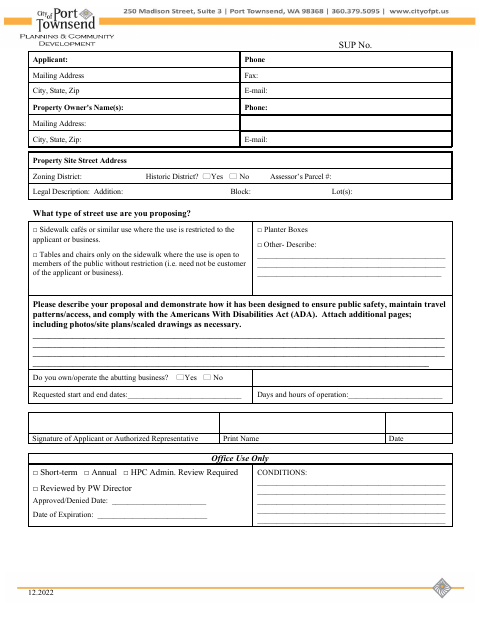 First page of the Street Use Permit Application