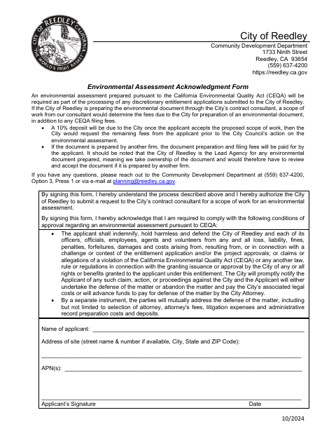 First page of the Environmental Assessment Acknowledgment Form