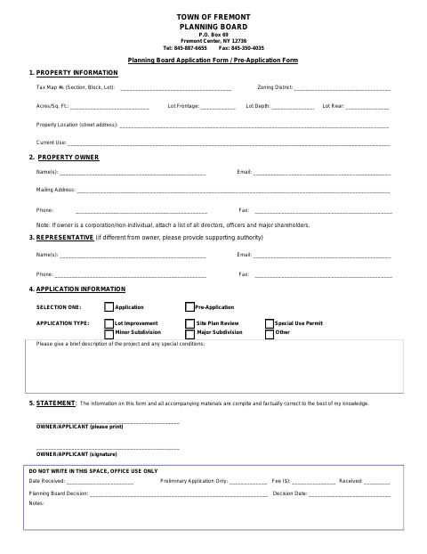 First page of the Planning Board Application Form / Pre-Application Form