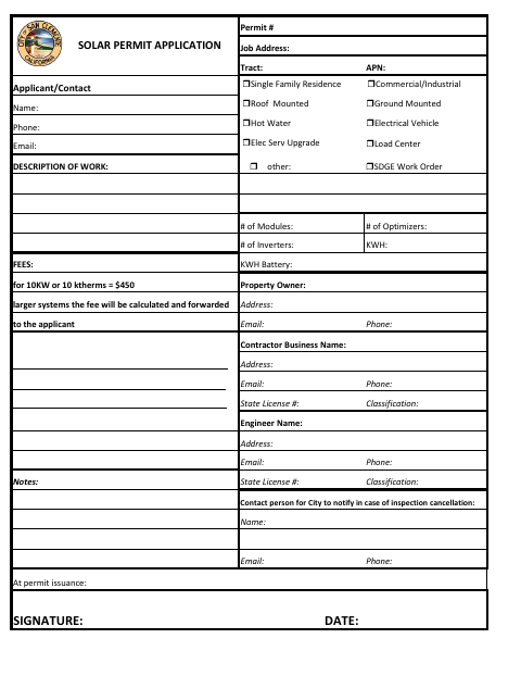 First page of the Solar Permit Application