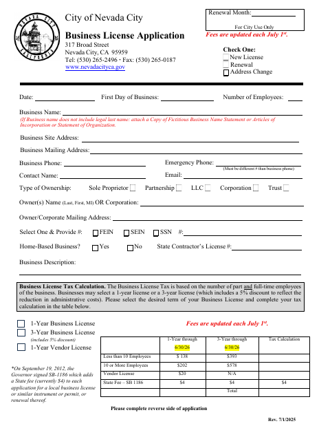 First page of the Business License Application