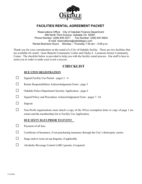 First page of the Facilities Rental Agreement Packet