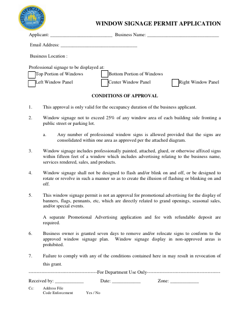 First page of the Window Signage Permit Application