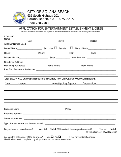 First page of the Application for Entertainment Establishment License
