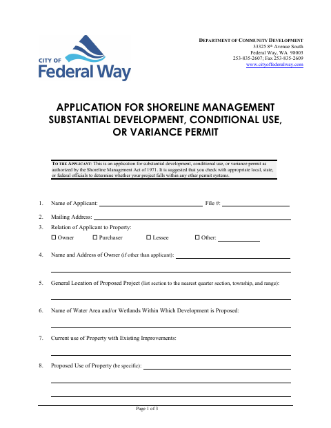 First page of the Shoreline Management Substantial Development, Conditional Use, or Variance Permit Application