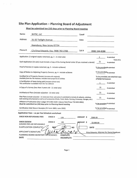 First page of the Site Plan Application and Variance Sheets