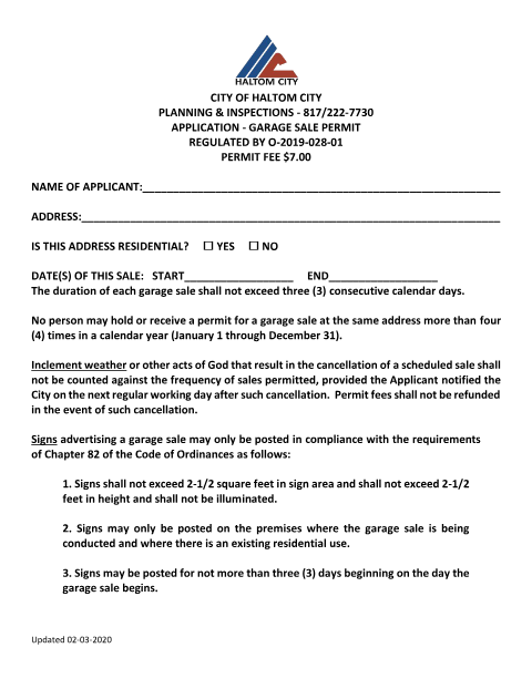 First page of the Garage Sale Permit Application