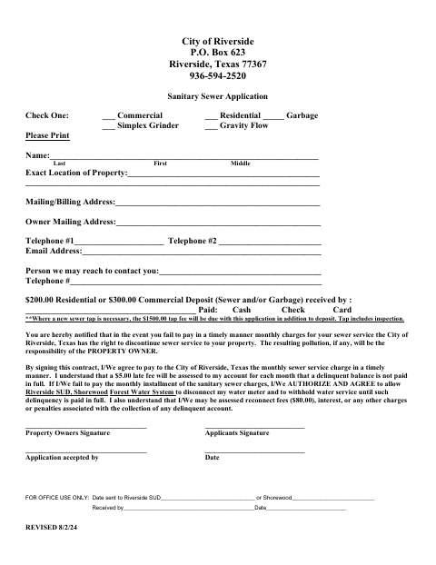 First page of the Sanitary Sewer Application