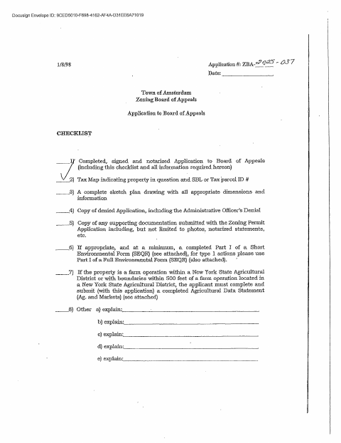 First page of the Zoning Board of Appeals Application for Area Variance