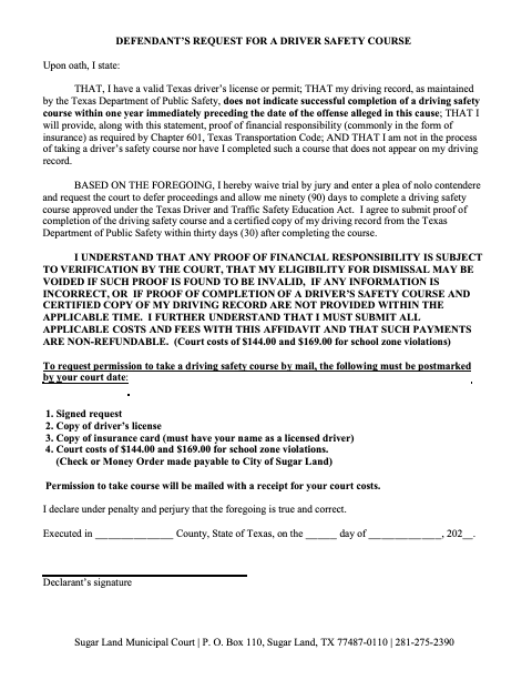 First page of the Defendant's Request for a Driver Safety Course