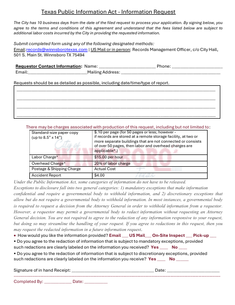 First page of the Texas Public Information Act Information Request
