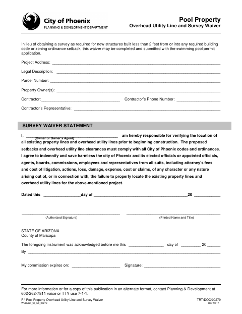 First page of the Pool Property Overhead Utility Line and Survey Waiver
