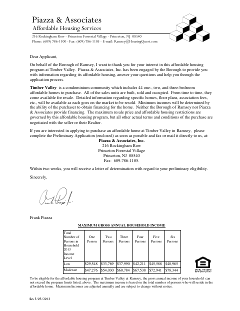 First page of the Timber Valley Affordable Housing Application