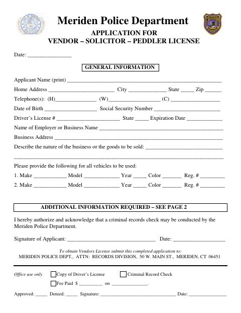 First page of the Vendor, Solicitor, and Peddler License Application