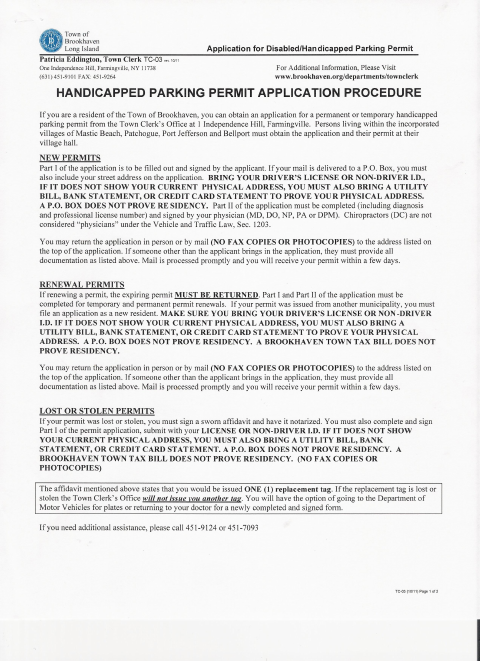 First page of the Disabled/Handicapped Parking Permit Application