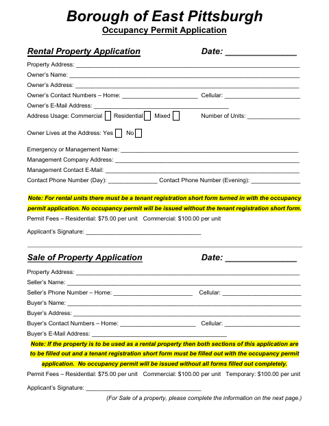 First page of the Occupancy Permit Application (Rental / Sale of Property)