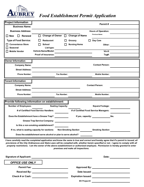 First page of the Food Establishment Permit Application