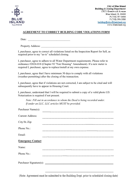 First page of the Agreement to Correct Building Code Violations