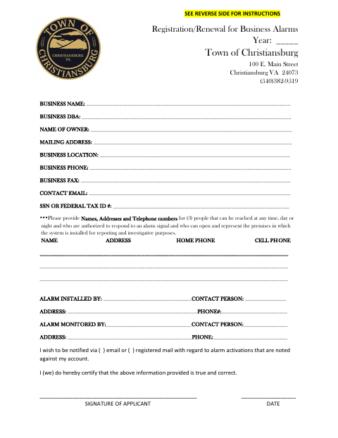 First page of the Business Alarm Registration/Renewal