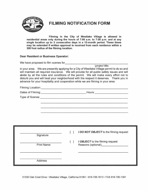 First page of the Filming Notification Form