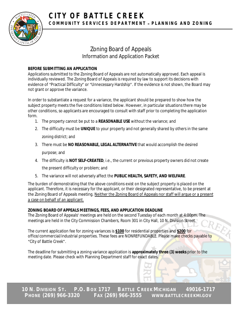 First page of the Zoning Board of Appeals Information and Application Packet